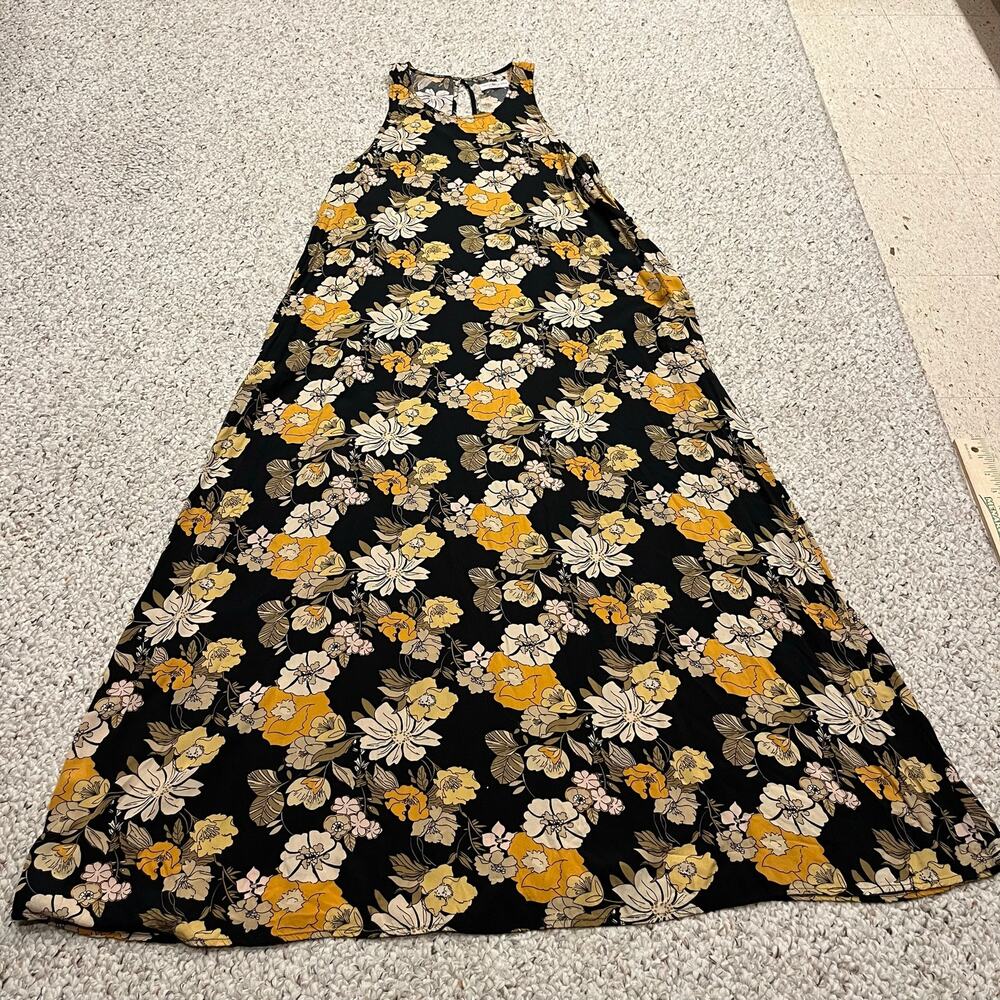 Natural Life Sleeveless Maxi Dress XS/S Dark Floral Black Yellow Boho Feminine